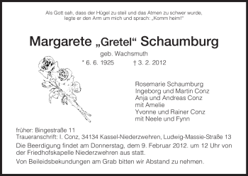 Todesanzeige von Margarete Schaumburg von HNA