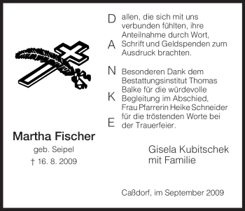 Todesanzeige von Martha Fischer von HNA