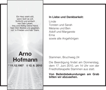 Todesanzeige von Arno Hofmann von HNA