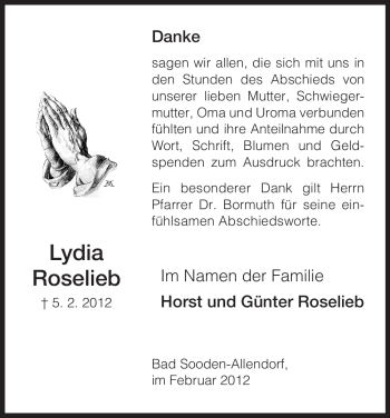Todesanzeige von Lydia Roselieb von HNA