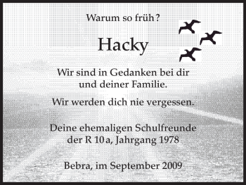 Todesanzeige von Hacky Unbekannt von HNA