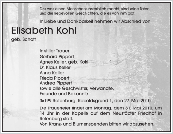 Todesanzeige von Elisabeth Kohl von HNA