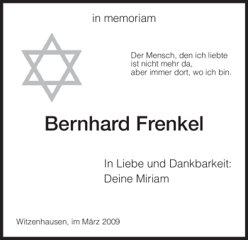 Todesanzeige von Bernhard Frenkel von HNA