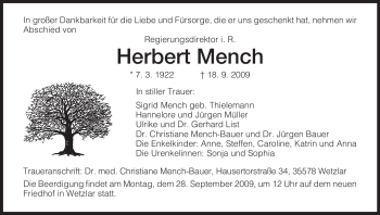 Todesanzeige von Herbert Mench von HNA