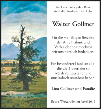 Todesanzeige von Walter Gollmer von HNA