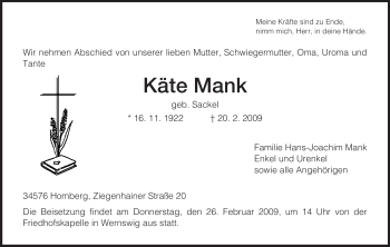 Todesanzeige von Käte Mank von HNA