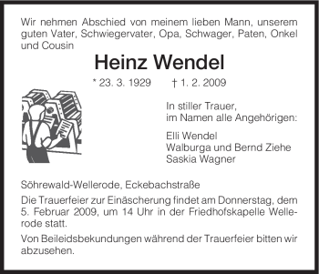 Todesanzeige von Heinz Wendel von HNA