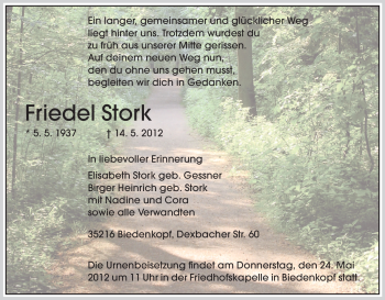 Todesanzeige von Friedel Stork von HNA