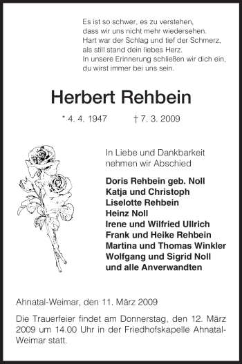 Todesanzeige von Herbert Rehbein von HNA