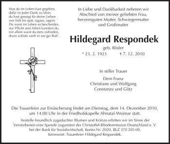 Todesanzeige von Hildegard Respondek von HNA