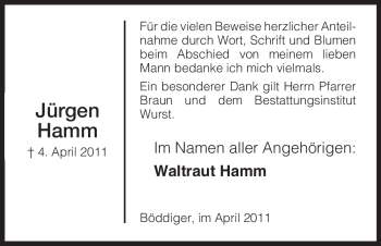 Todesanzeige von Jürgen Hamm von HNA