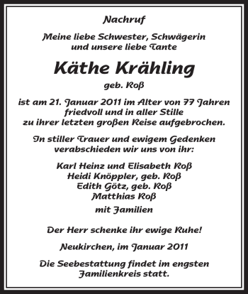 Todesanzeige von Käthe Krähling von HNA