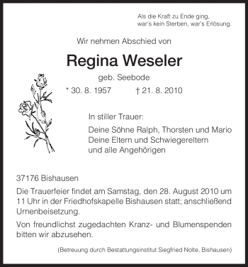 Todesanzeige von Regina Weseler von HNA