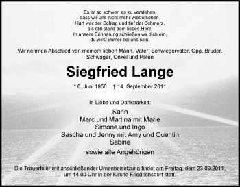 Todesanzeige von Siegfried Lange von HNA