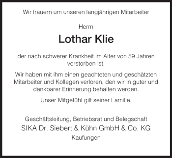 Todesanzeige von Lothar Klie von HNA