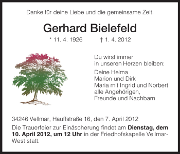 Todesanzeige von Gerhard Bielefeld von HNA