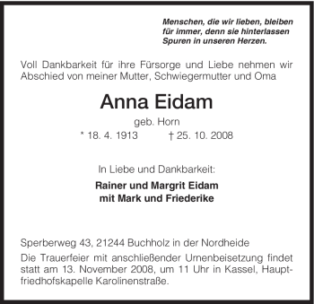 Todesanzeige von Anna Eidam von HNA