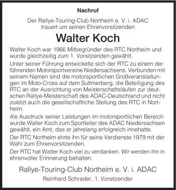 Todesanzeige von Walter Koch von HNA