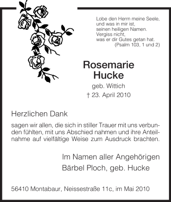 Todesanzeige von Rosemarie Hucke von HNA
