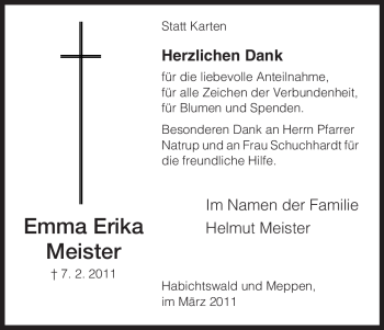Todesanzeige von Emma Erika Meister von HNA