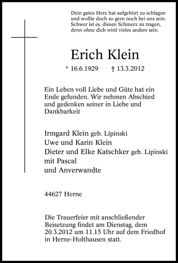 Todesanzeige von Erich Klein von HNA