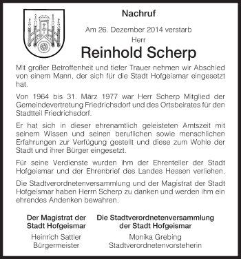 Todesanzeige von Reinhold Scherp von HNA