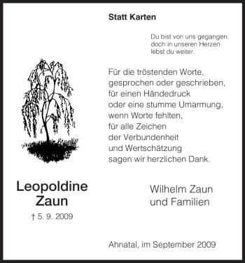 Todesanzeige von Leopoldine Zaun von HNA