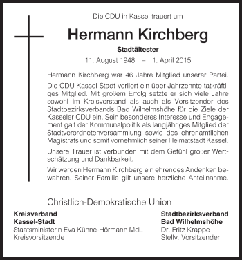 Todesanzeige von Hermann Kirchberg von HNA