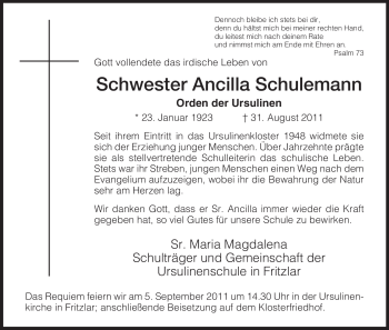 Todesanzeige von Ancilla Schulemann von HNA