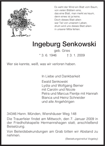 Todesanzeige von Ingeburg Senkowski von HNA
