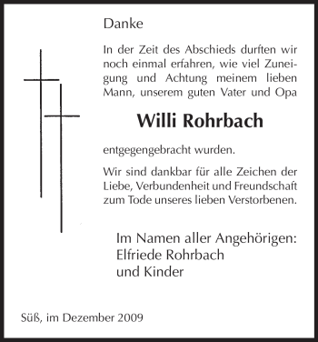 Todesanzeige von Willi Rohrbach von HNA