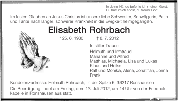 Todesanzeige von Elisabeth Rohrbach von HNA