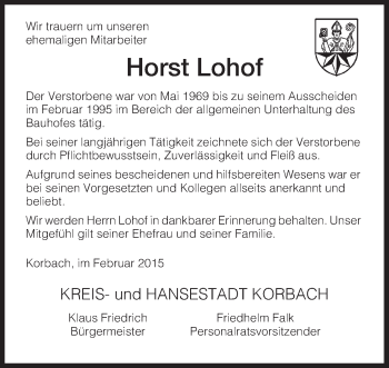 Todesanzeige von Horst Lohof von HNA