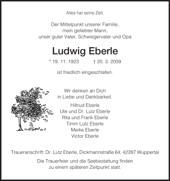 Todesanzeige von Ludwig Eberle von HNA