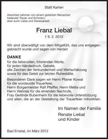 Todesanzeige von Franz Liebal von HNA