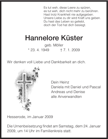 Todesanzeige von Hannelore Küster von HNA