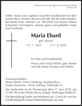 Todesanzeige von Maria Ehard von HNA