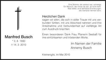 Todesanzeige von Manfred Busch von HNA