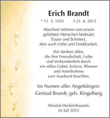 Todesanzeige von Erich Brandt von HNA