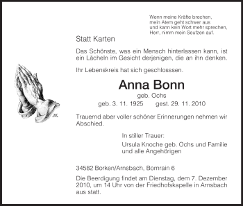 Todesanzeige von Anna Bonn von HNA