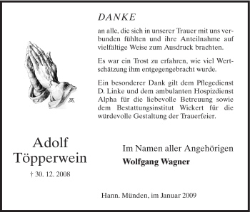 Todesanzeige von Adolf Töpperwein von HNA