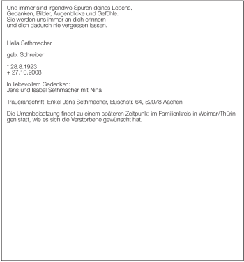 Todesanzeige von Hella Sethmacher von HNA