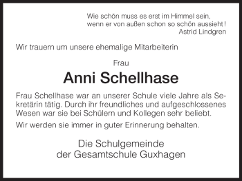 Todesanzeige von Anni Schellhase von HNA