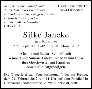 Todesanzeige von Silke Jancke von HNA