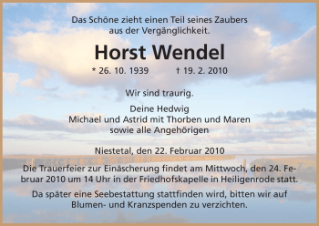 Todesanzeige von Horst Wendel von HNA