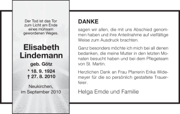 Todesanzeige von Elisabeth Lindemann von HNA