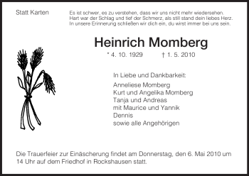 Todesanzeige von Heinrich Momberg von HNA