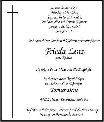 Todesanzeige von Frieda Lenz von HNA