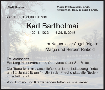 Todesanzeige von Karl Bartholmai von HNA