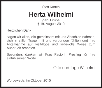 Todesanzeige von Herta Wilhelmi von HNA